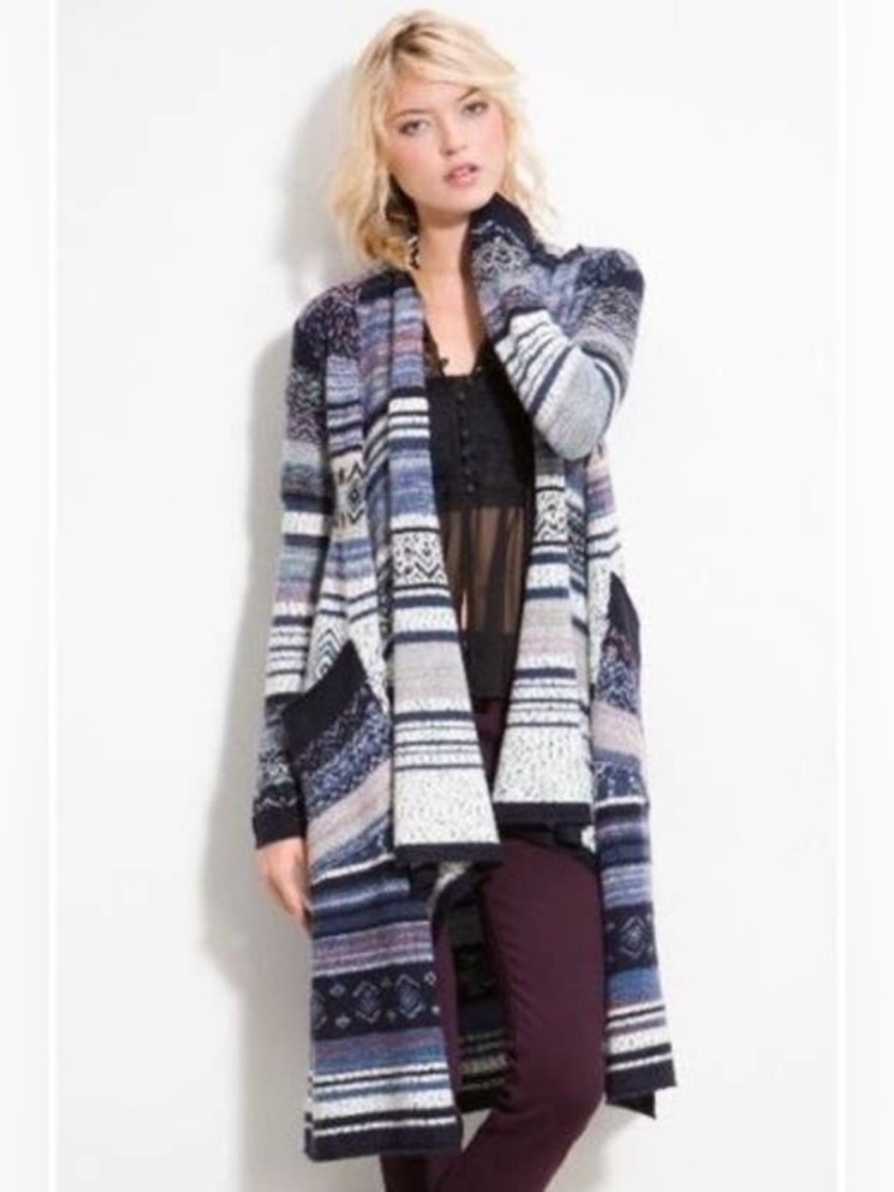 Free People Open-Front Knit Duster Cardigan Sweater Blue Multi boho bohemian XS